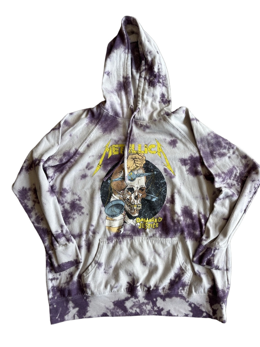 Metallica Damaged Justice Tie Dye Hoodie Purple White Graphic Band Sweatshirt L